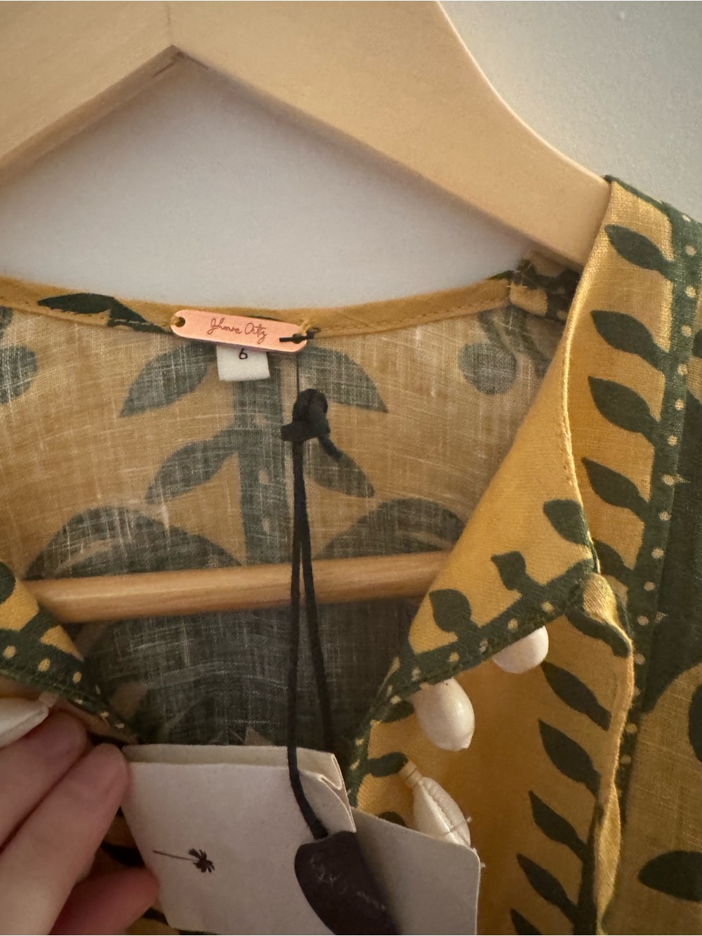 Johanna Ortiz - Women's Yellow & Green Printed Tunic Dress - Shell Button Detail - Picture 6 of 7